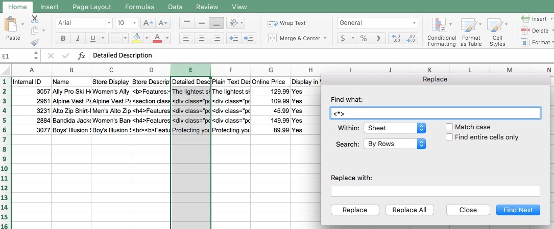 A screenshot of Microsoft Excel. A column has been highlighted and the Replace dialog is open.