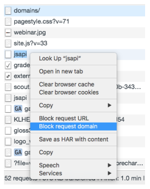 A screenshot from the Chrome browser developer tools, which shows the block request domain option highlighted in the context menu for a particular request