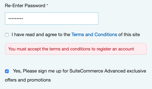A screenshot of a web store registration page showing an error, pointing out that the user has not agreed to the site's terms and conditions