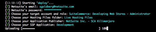 A screenshot of the command prompt, showing an example deployment of code up to a NetSuite account