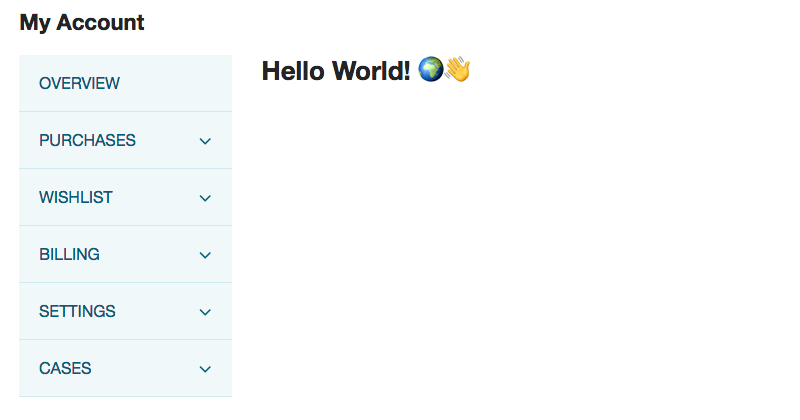 A screenshot of a test site running the example code. A "hello world" message is shown next to emojis for the earth and a waving hand.
