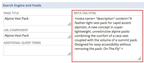 A screenshot of an item record in the NetSuite application. It shows a META TAG HTML field populated with the appropriate meta description.