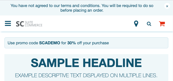 A screenshot of a SuiteCommerce webstore with a messaging banner shown at the top of the page.