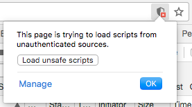 A screenshot of a web browser where the user is notified that there were attempts to load 'unsafe scripts'. In this example, the scripts are perfectly safe so the user is encouraged to allow them.