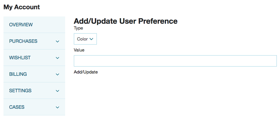 A screenshot of a test site showing a basic form that lets the user add or update a user preference