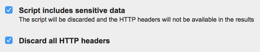 A screenshot of the 'Script includes sensitive data' and 'Discard all HTTP headers' options on WebPagetest