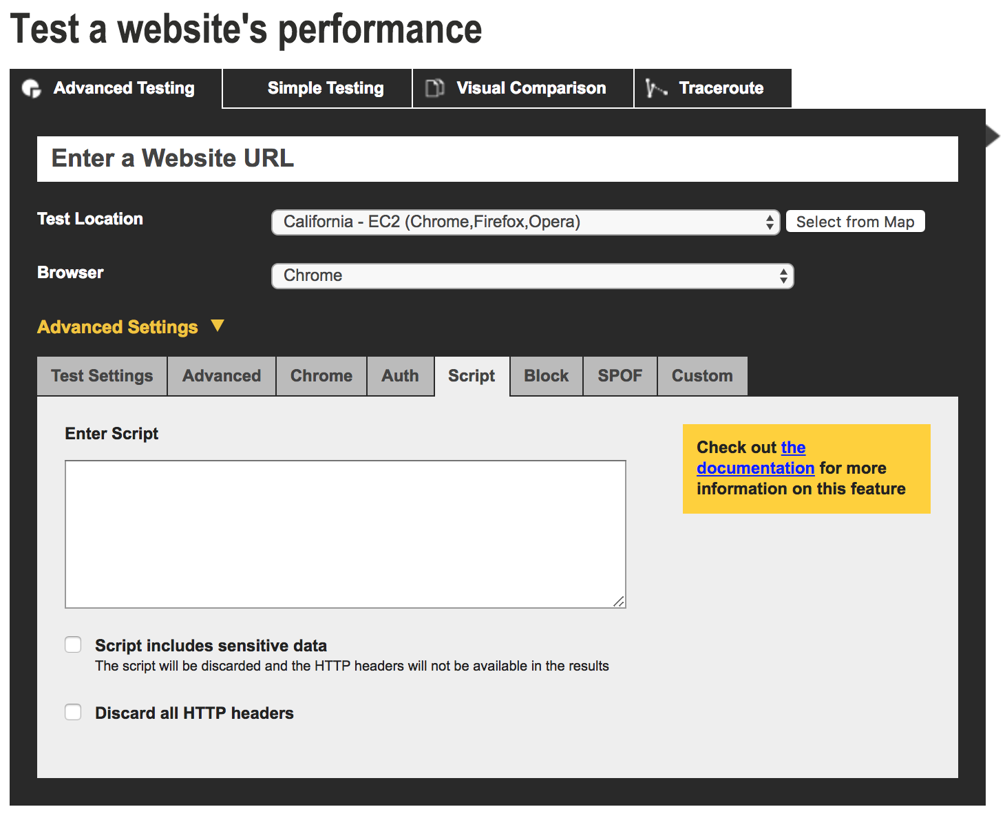 A screenshot of WebpageTest showing the 'Advanced Testing' tab