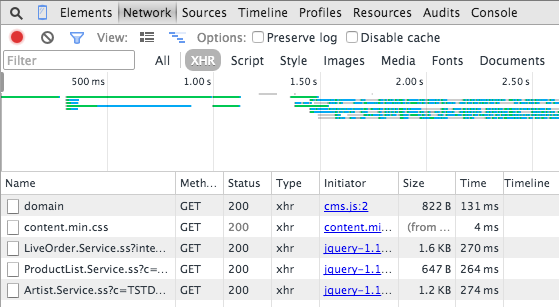 A screenshot of a web browser's developer tools, open to the Network tab. The requests have been filtered to XHRs, highlighting the service calls that were made.