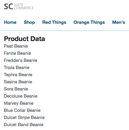 A screenshot of the example page showing a list of items that match the keyword the user specified in the URL. In this case, it is a number of beanie hats.