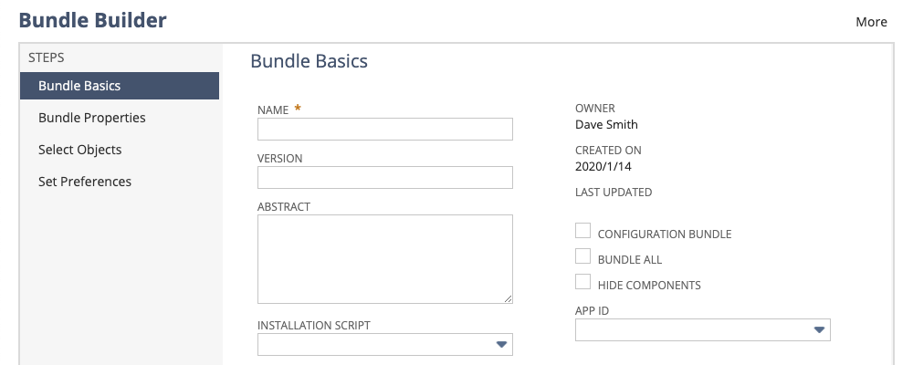 A screenshot of the first step of the NetSuite application showing the Bundle Builder page