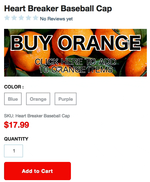 An animated gif showing the new CCT in action. A user clicks on the banner, and the selected item option changes to orange and the quantity is changed to 10.