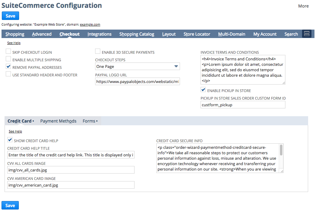 A screenshot of the NetSuite application, showing the configuration record page for an example site. Specifically, the Checkout tab is in focus.