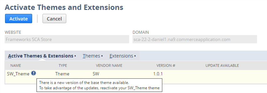 A screenshot of the SuiteCommerce Extension Manager interface showing that an update to the theme is available