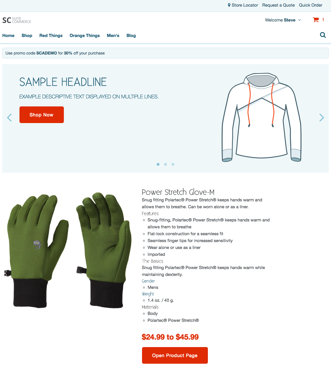 A screenshot of a web store with a featured product on its homepage