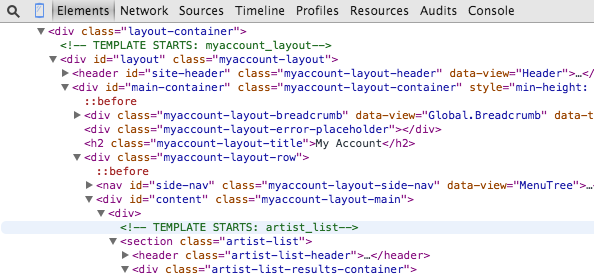 A screenshot of a web browser's developer tools, open to the Elements tab. A code comment has been highlighted, showing the name of the template that has been rendered.