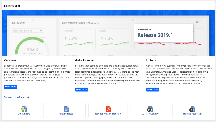 A screenshot of the NetSuite application showing the New Release Portlet