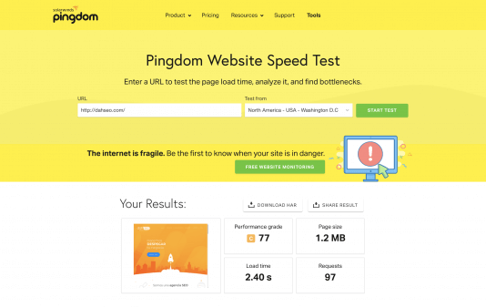 A screenshot of the Pingdom homepage