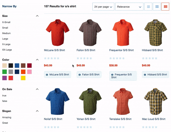 An animated GIF showing an example product list page with this functionality enabled. The default search result list shows items in all kinds of colors. When a user selects the orange refinement, the product list applies the refinement and switches all of the product images to their orange versions. When they user further selects blue as a color refinement, some of the shirts show their blue options.