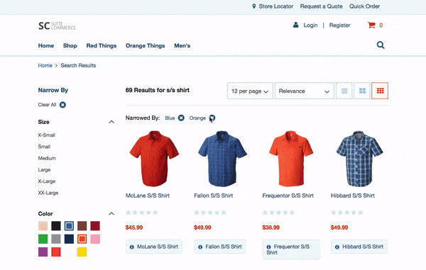An animated GIF of a web store running this customization. After refining by color, the user then clicks on the Quick View button for an item. When the modal opens, the color the user has refined by has been pre-selected.