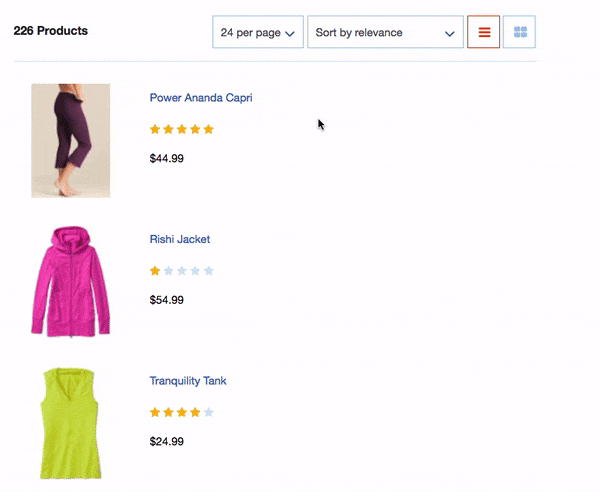 An animated GIF of a product list page. As the user hovers their cursor over each item, images showing the item in different colors fly in from the right. When they move their cursor off, they fly out again.