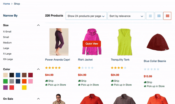 An animated GIF showing a user refining a search by the color orange, only to be shown a banner encouraging them to visit a special category page full of orange things.
