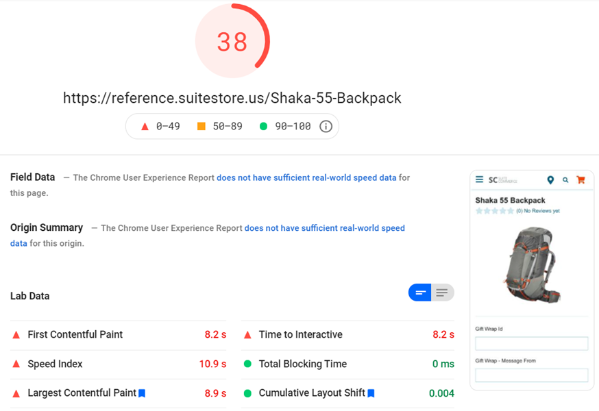 A screenshot of a test result for a reference site PDP from PageSpeed Insights