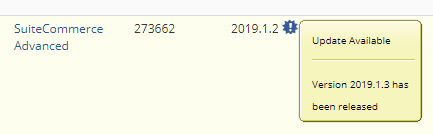 A screenshot of the NetSuite application showing a new update available for the currently installed version of SuiteCommerce Advanced