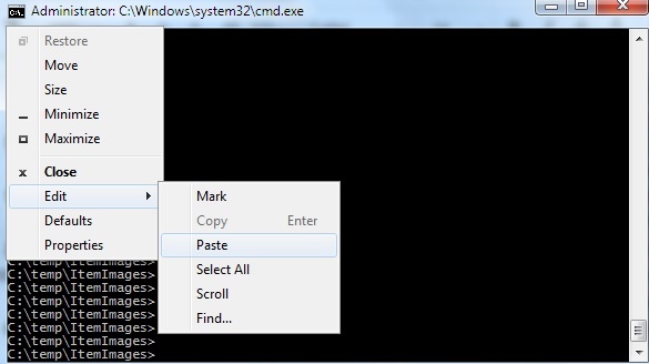 A screenshot of the Windows Command Prompt. It shows the context menu open, and the user pointing to Edit > Paste