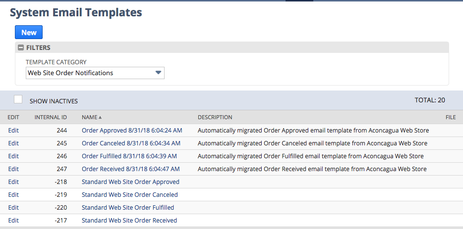 A screenshot of the NetSuite application. It shows the System Email Templates page, with a number of email templates having already been automatically migrated.