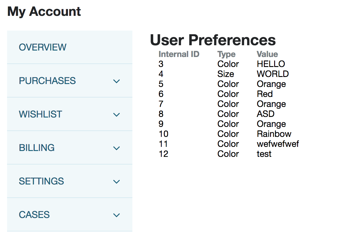 A screenshot of the test site showing a list of user preferences; this time it includes records that user has submitted using the form